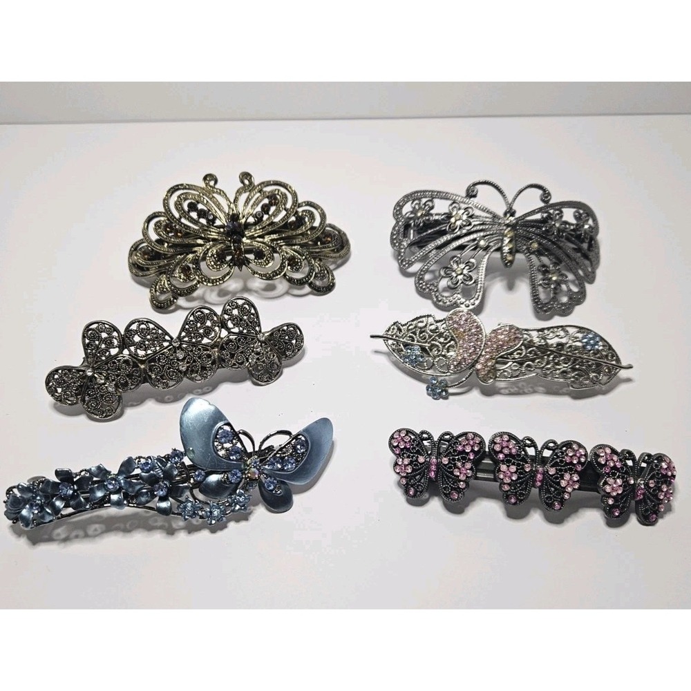 Vintage Style Butterfly Hair Clips Lot 6pc Rhinestone Crystal Metal Barrettes